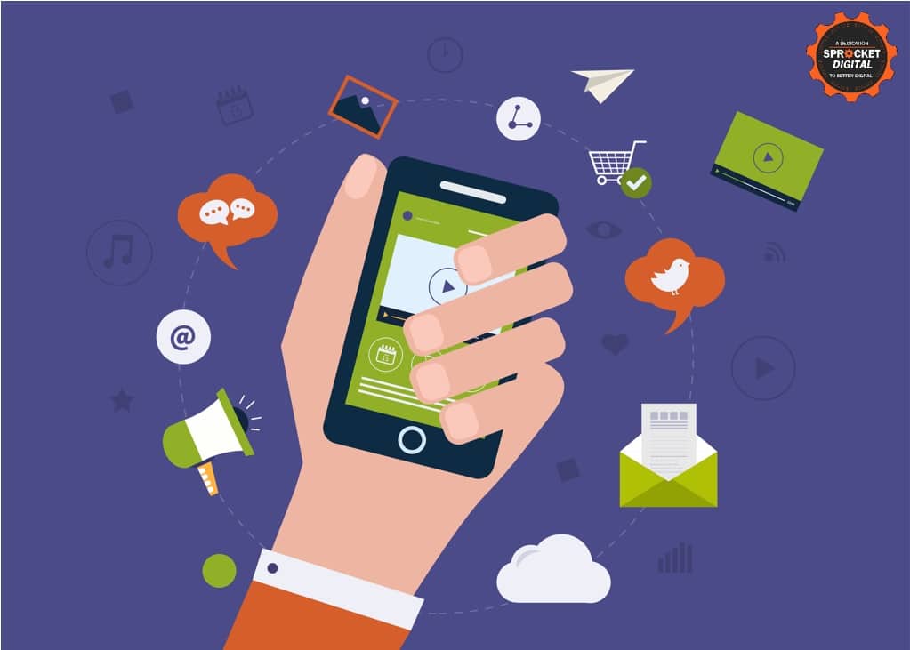 Mobile marketing graphic showing hand holding mobile phone surrounded by icons